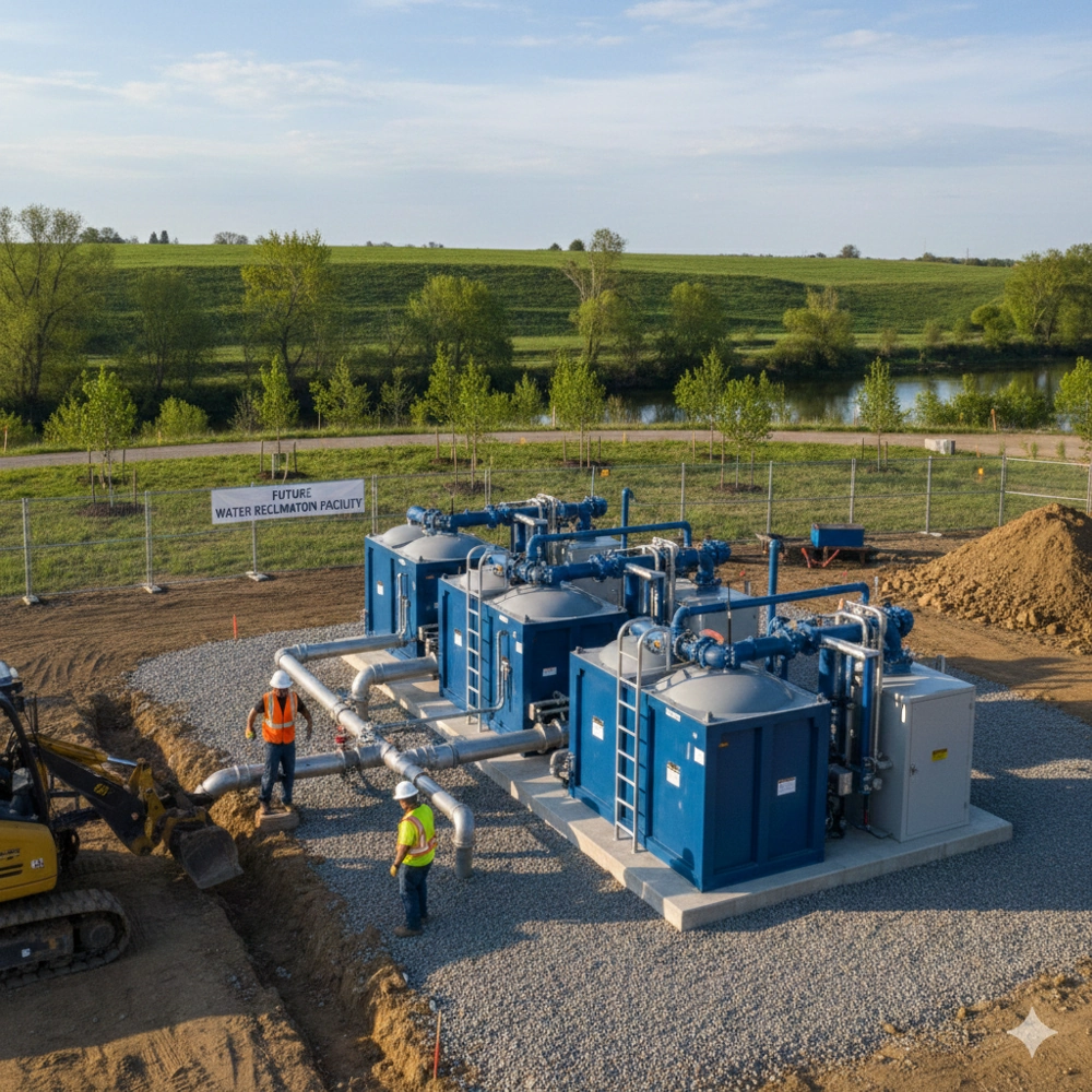 Modułowa instalacja Oczyszczalnie ścieków w trakcie montażu, z niebieskimi zbiornikami i siecią rur na placu budowy