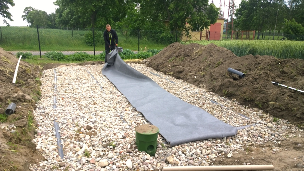Pracownik rozkłada geowłókninę na warstwie tłucznia w wykopie z rurami drenażowymi – Drenaż